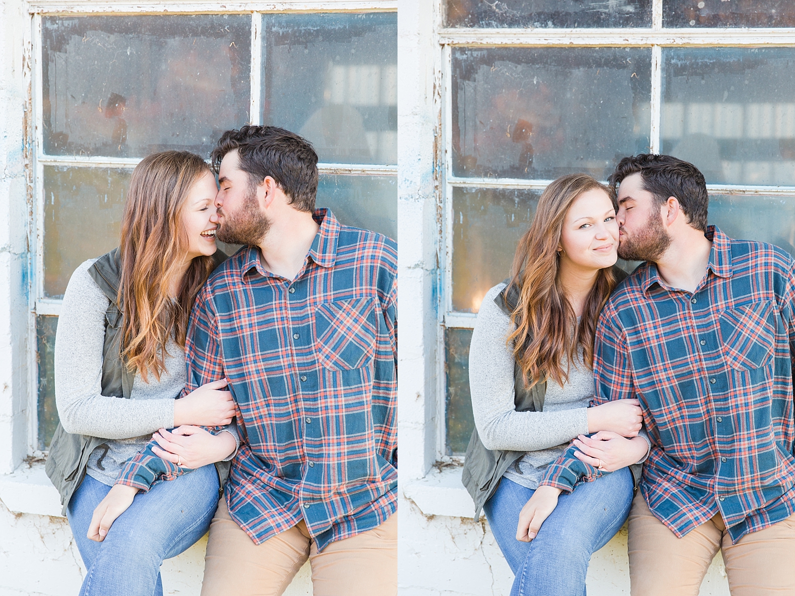 North Carolina Mountains Engagement couple snuggling in front of windows Photos