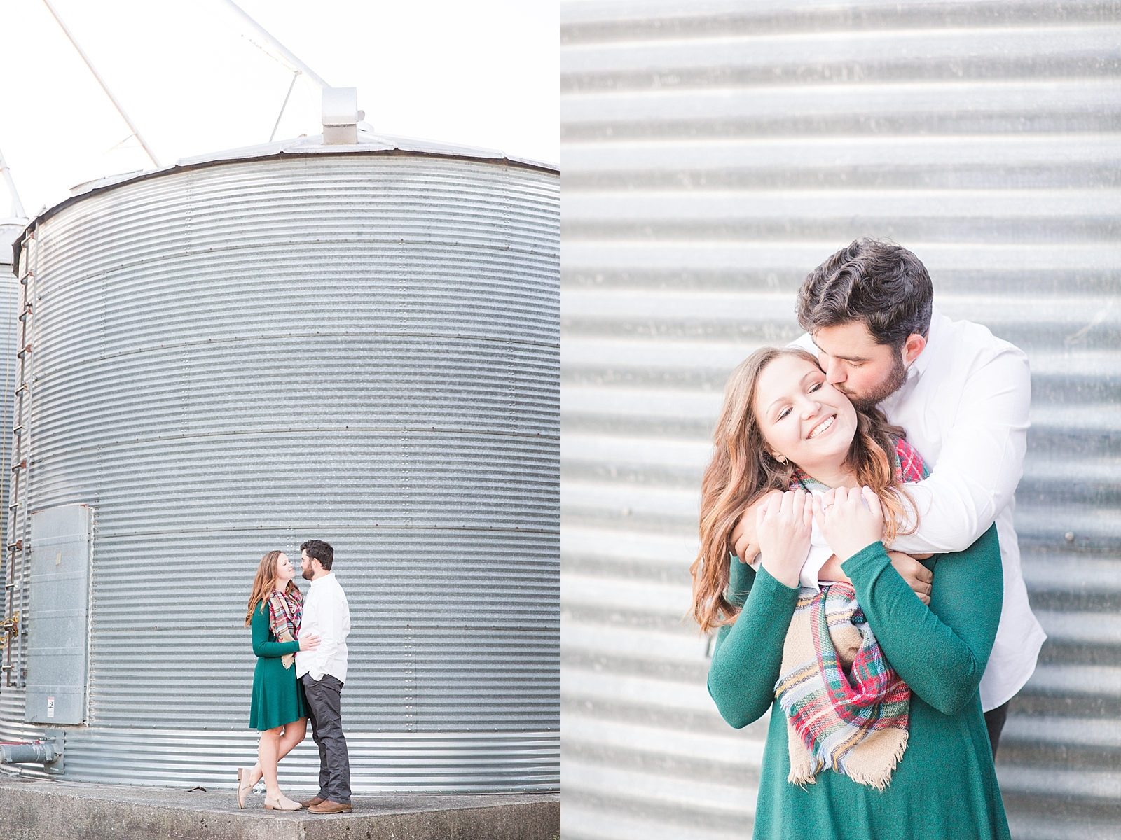 North Carolina Mountains Engagement Cassie and Evan looking at each other and snuggling in front of Silos Photos
