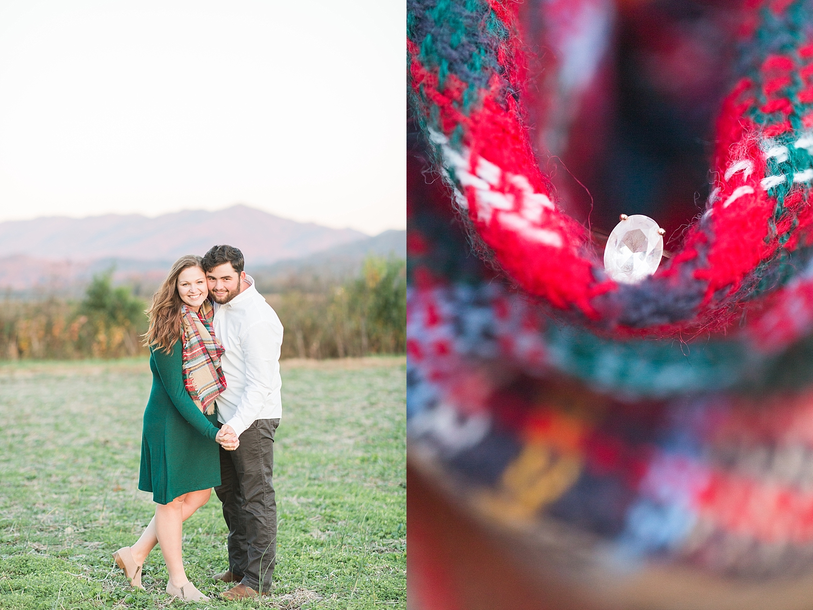 North Carolina Mountains Engagement Couple smiling at camera and ring detail in scarf Photos