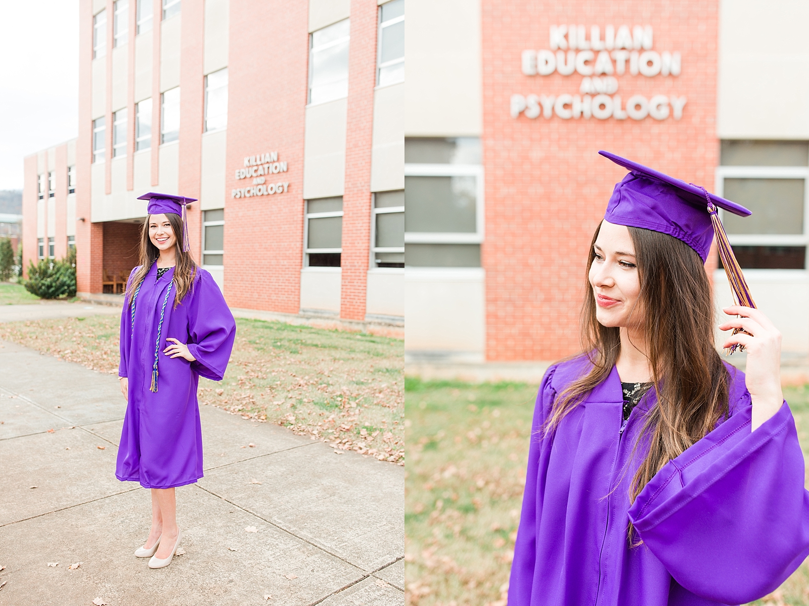 Western Carolina University Senior Sierra smiling and twirling her tassel in front of the Killian education and psychology building Photo