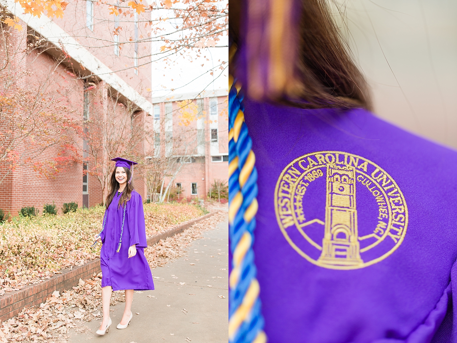 Western Carolina University Senior Sierra walking and smiling at camera and detail of purple gown Photo