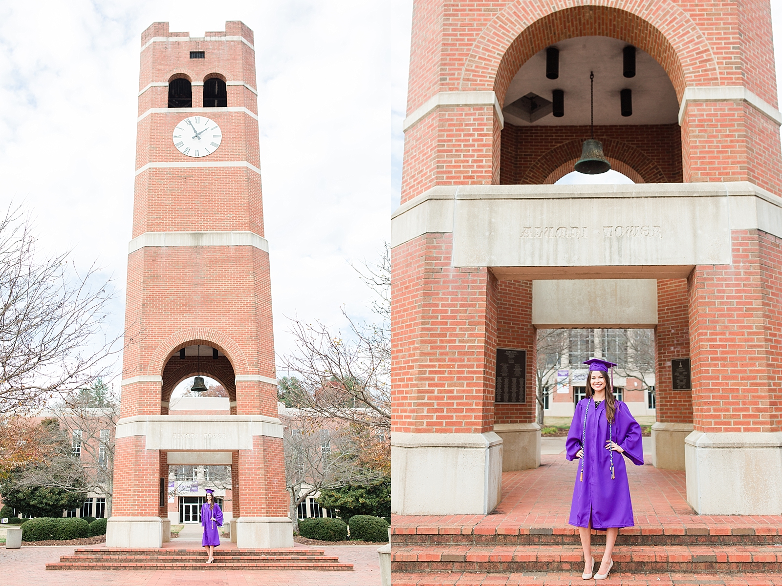 Western Carolina University Senior Sierra in purple cap and gown in front of clock tower Photos