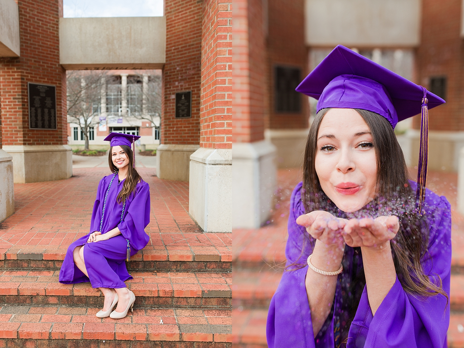 Western Carolina University Senior in purple cap and gown smiling and blowing confetti photos