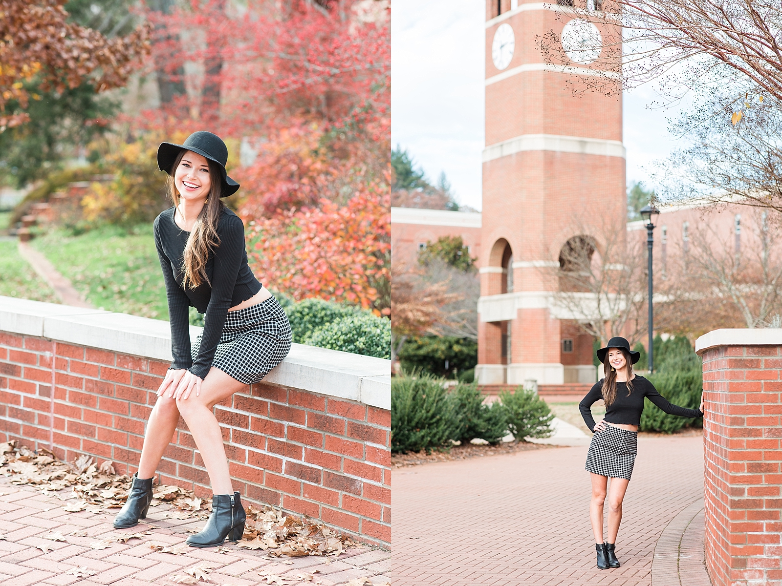 Western Carolina University Senior Sierra sitting on wall smiling at camera and leaning against wall in front of clock tower Photos