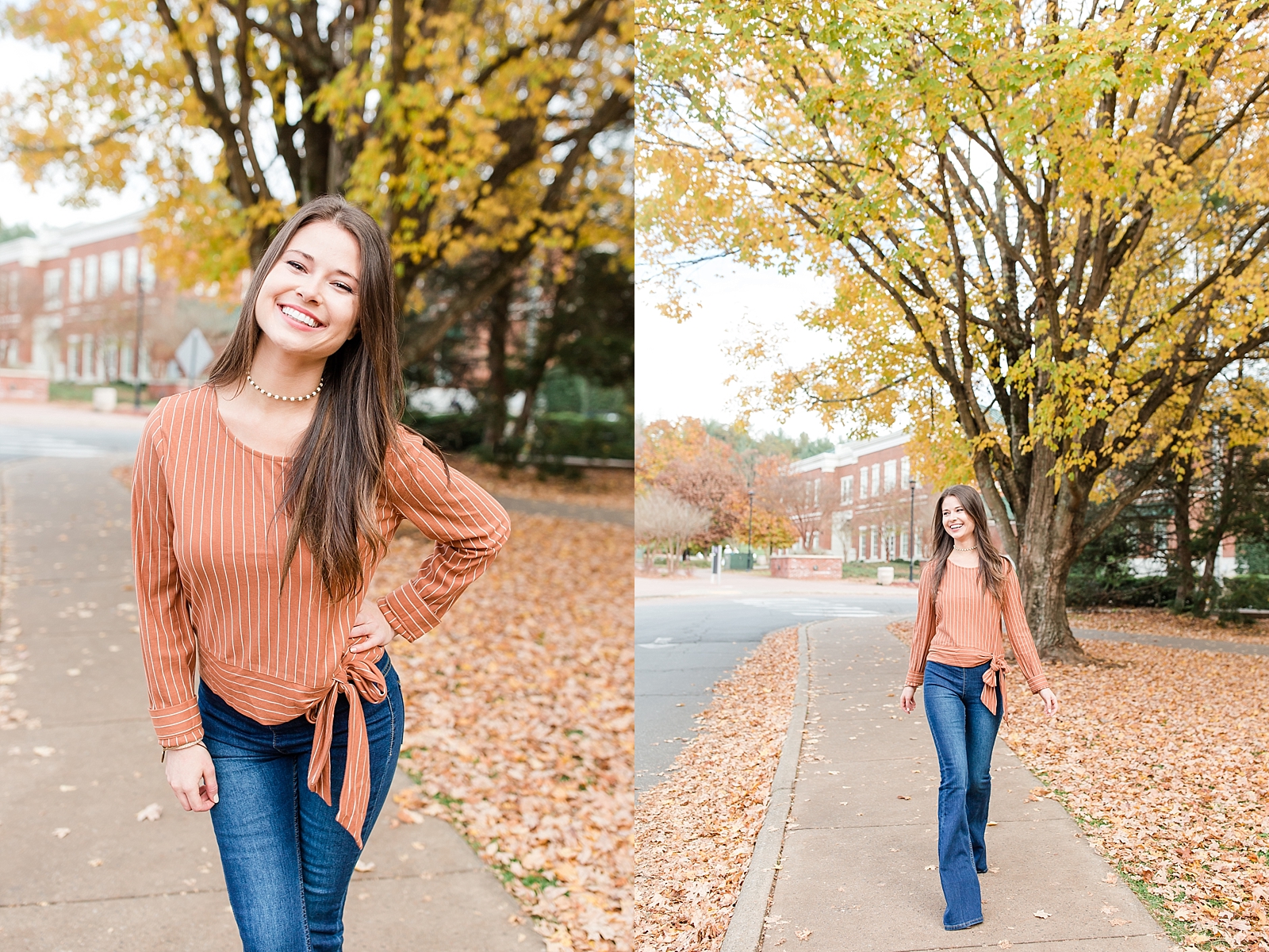 Western Carolina University Senior Sierra smiling at the camera and walking down sidewalk under yellow tree Photos
