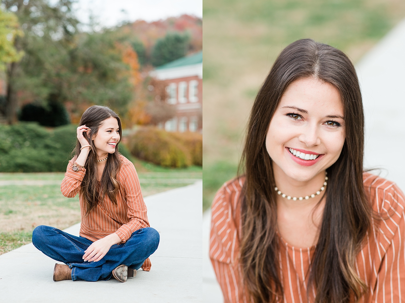 Western Carolina University Senior tucking hair sitting on sidewalk and smiling at camera Photos