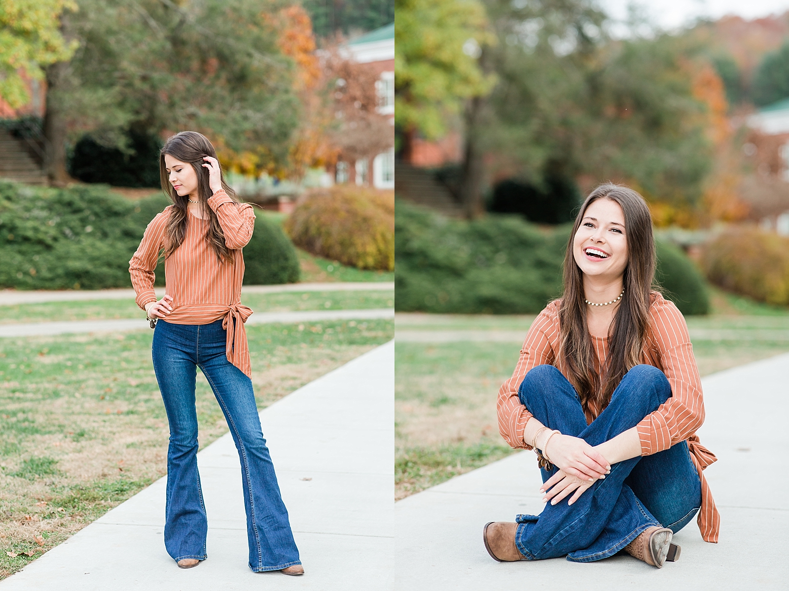 Western Carolina University Senior Sierra looking over her shoulder and sitting on the ground laughing Photos