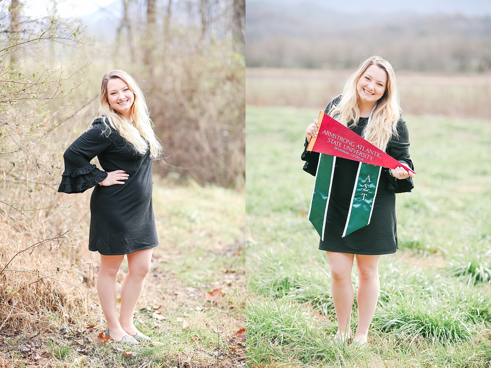 Kennesaw State University Senior Session Rachel Smiling at the camera and holding pennant photos