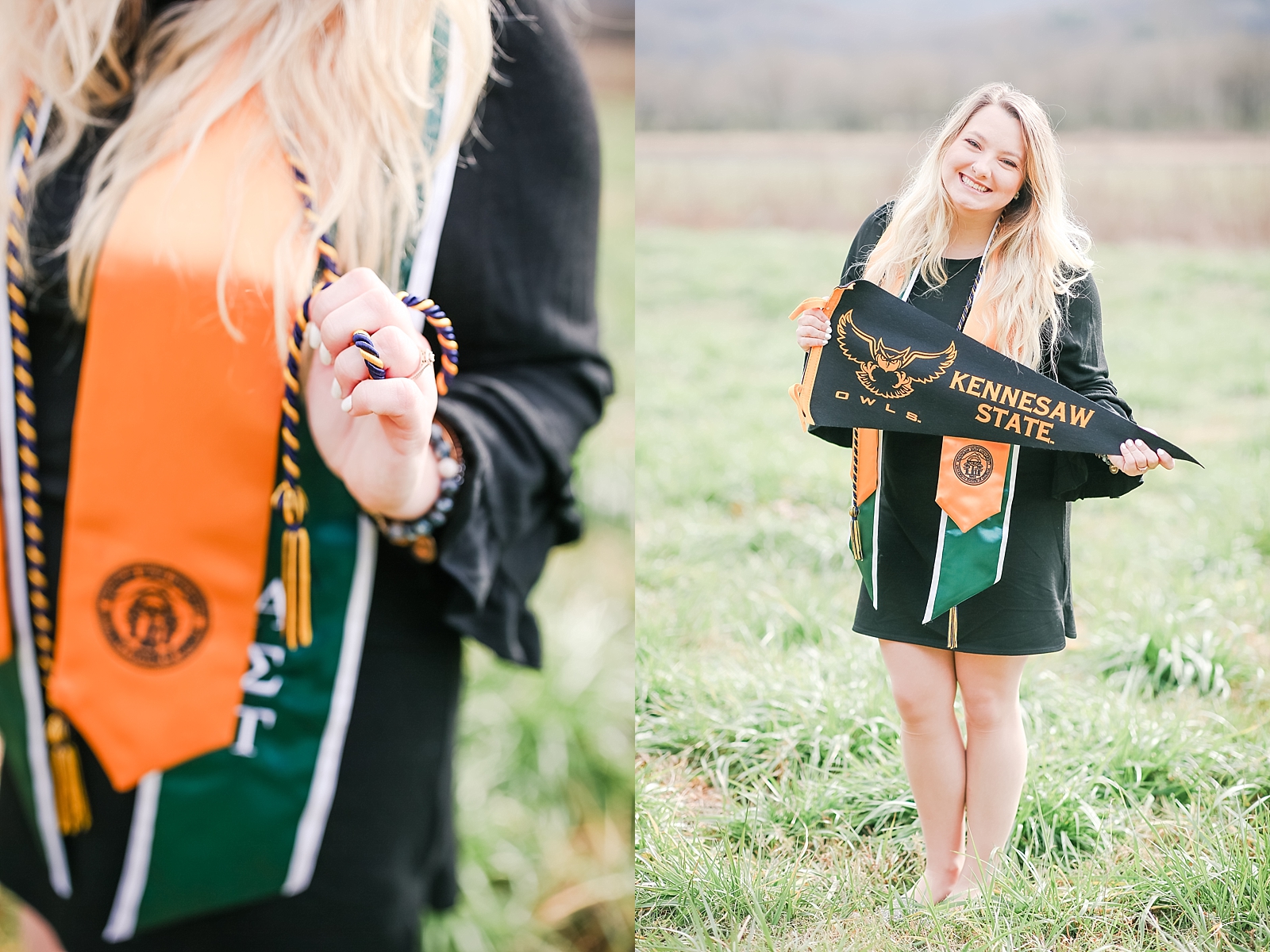 Kennesaw State University Senior Session Detail of Graduation Sash and holding pennant photos