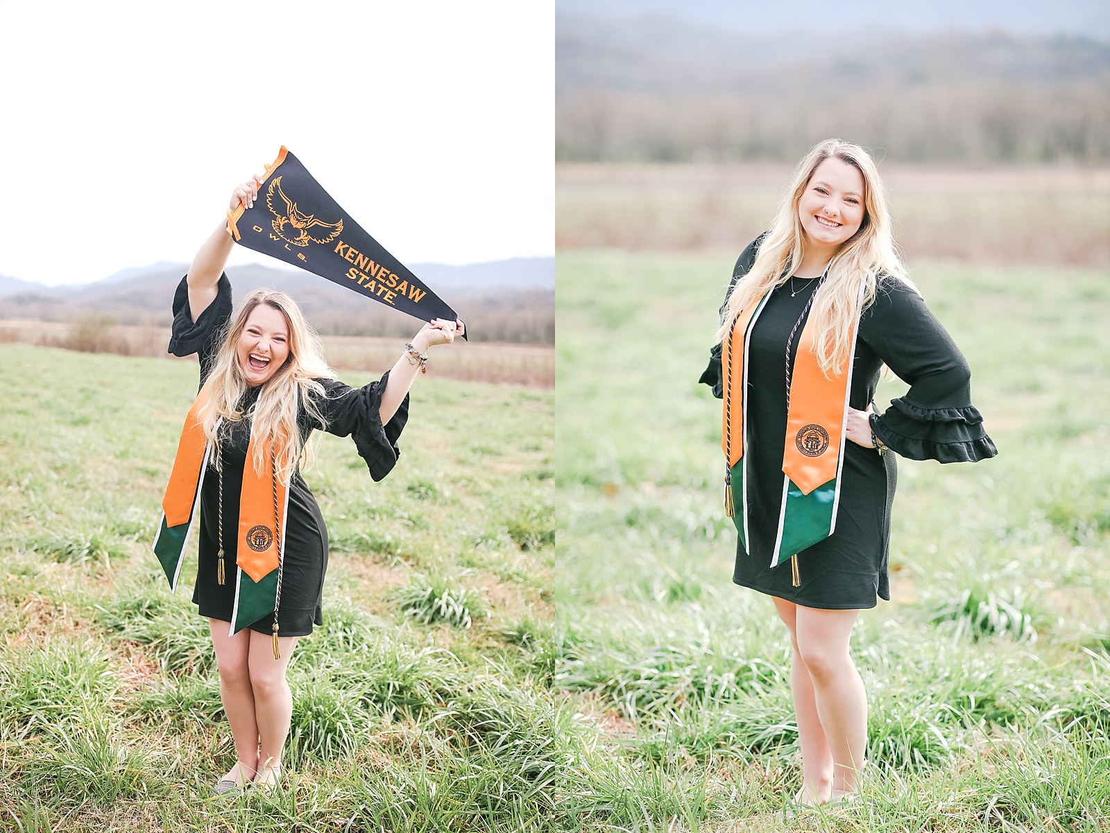 Kennesaw State University Senior Session holding pennant with happy face and smiling at camera photo