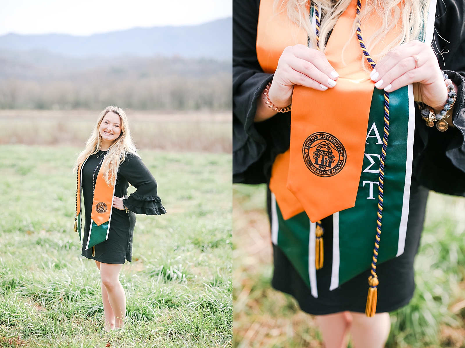 Kennesaw State University Senior Session Rachel smiling at the camera in field and detail of sashes photos 