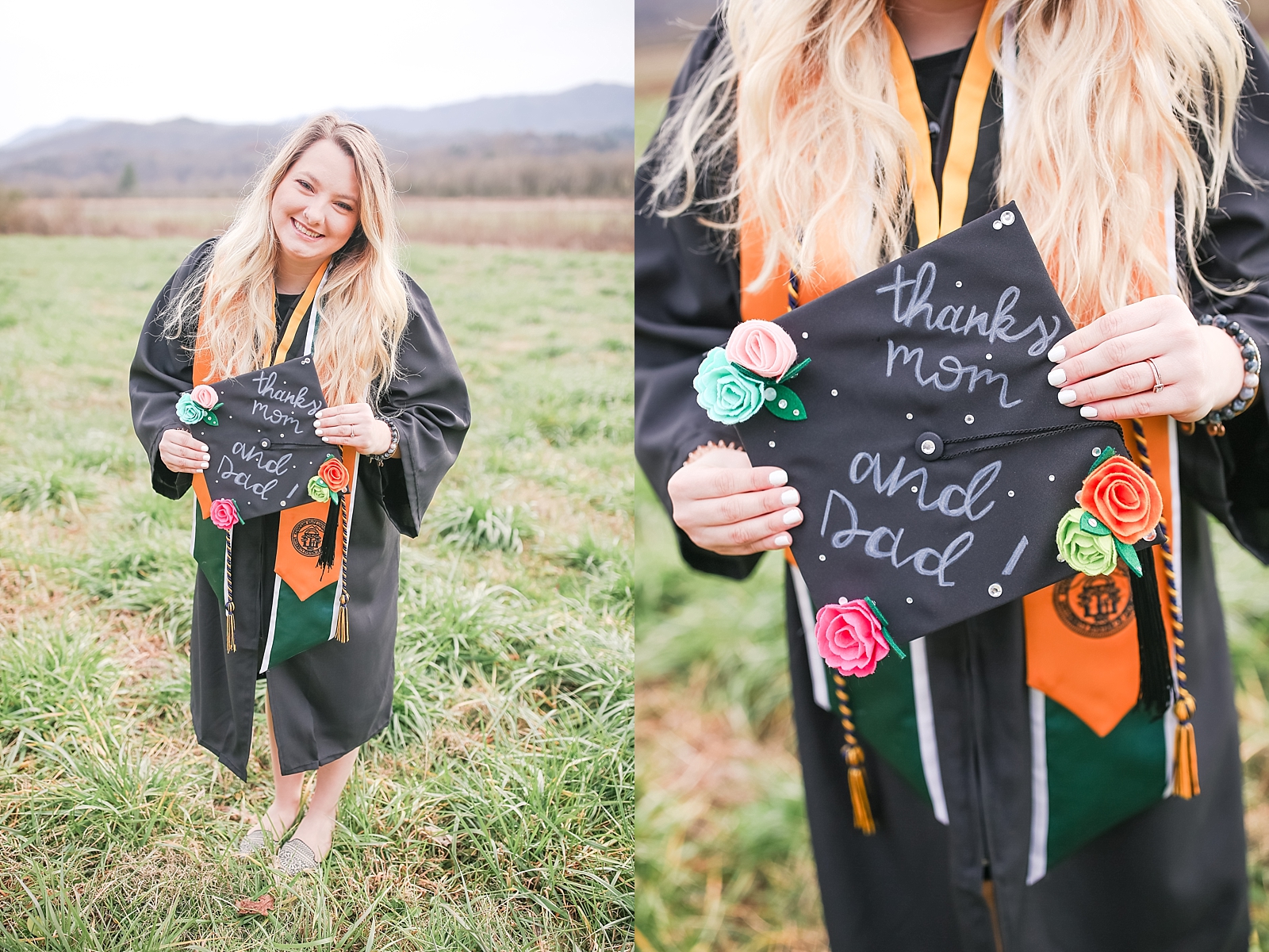Kennesaw State University Senior Session Rachel smiling and detail of graduation cap that says thanks mom and dad on top photos