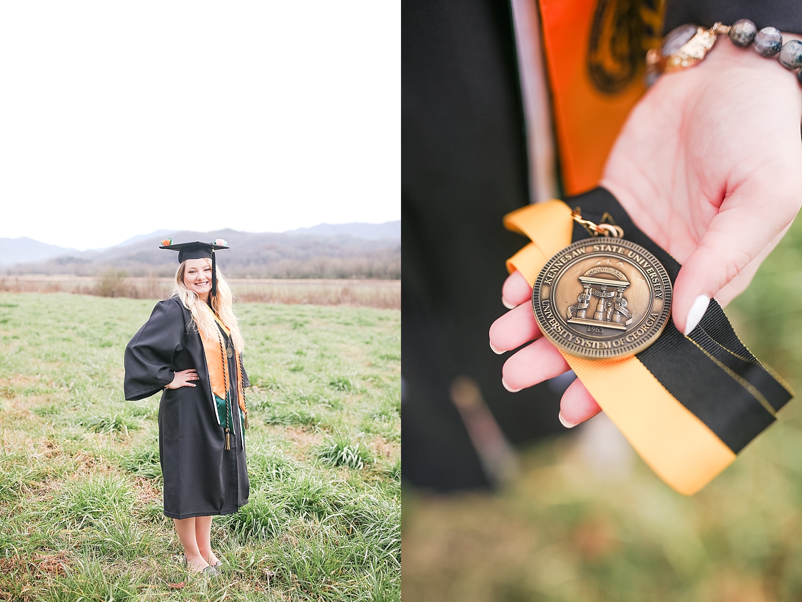 Kennesaw State University Senior Session Rachel smiling at camera in cap and gown and detail of KSU metal photos