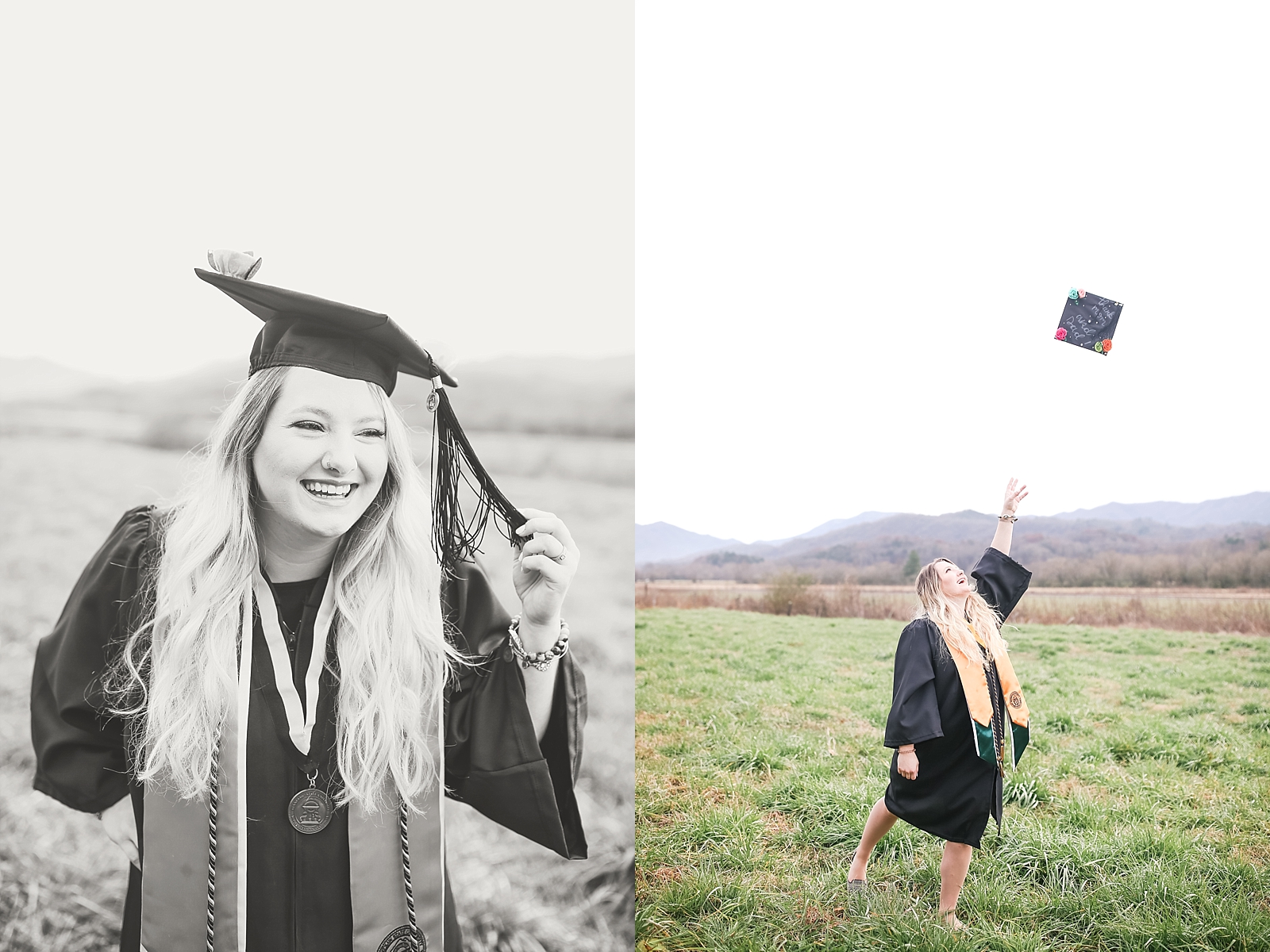 Kennesaw State University Senior Session Black and white of Rachel smiling and Rachel tossing cap up photos