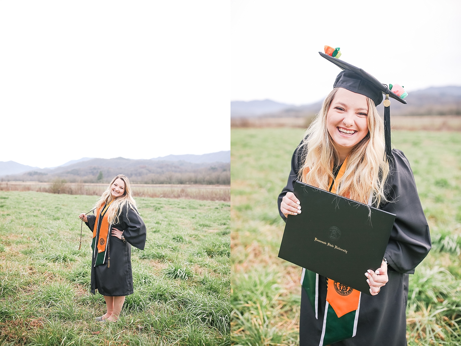 Kennesaw State University Senior Session Rachel smiling at the camera in cap and gown holding diploma photos