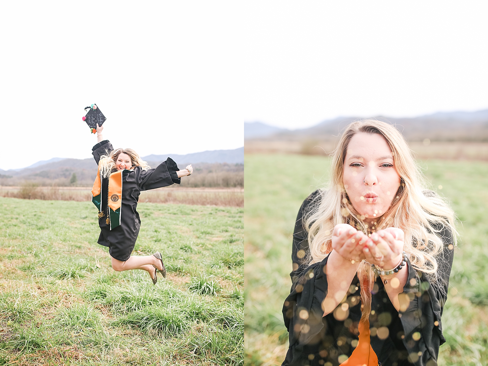 Kennesaw State University Senior Session Rachel jumping in her cap and gown and blowing glitter photos