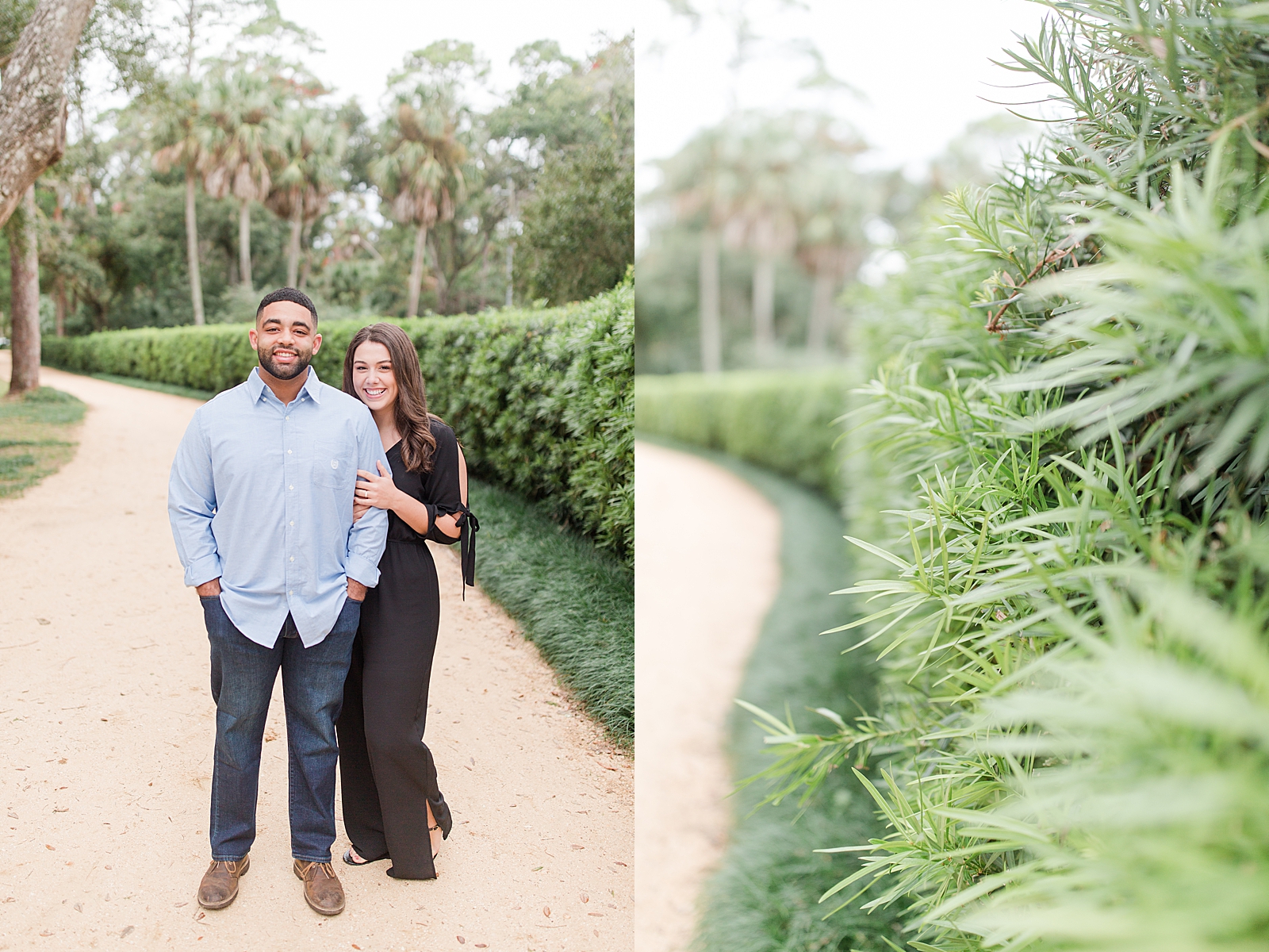 St. Augustine Engagement Nick and Chloe smiling at camera and detail of greenery Photos