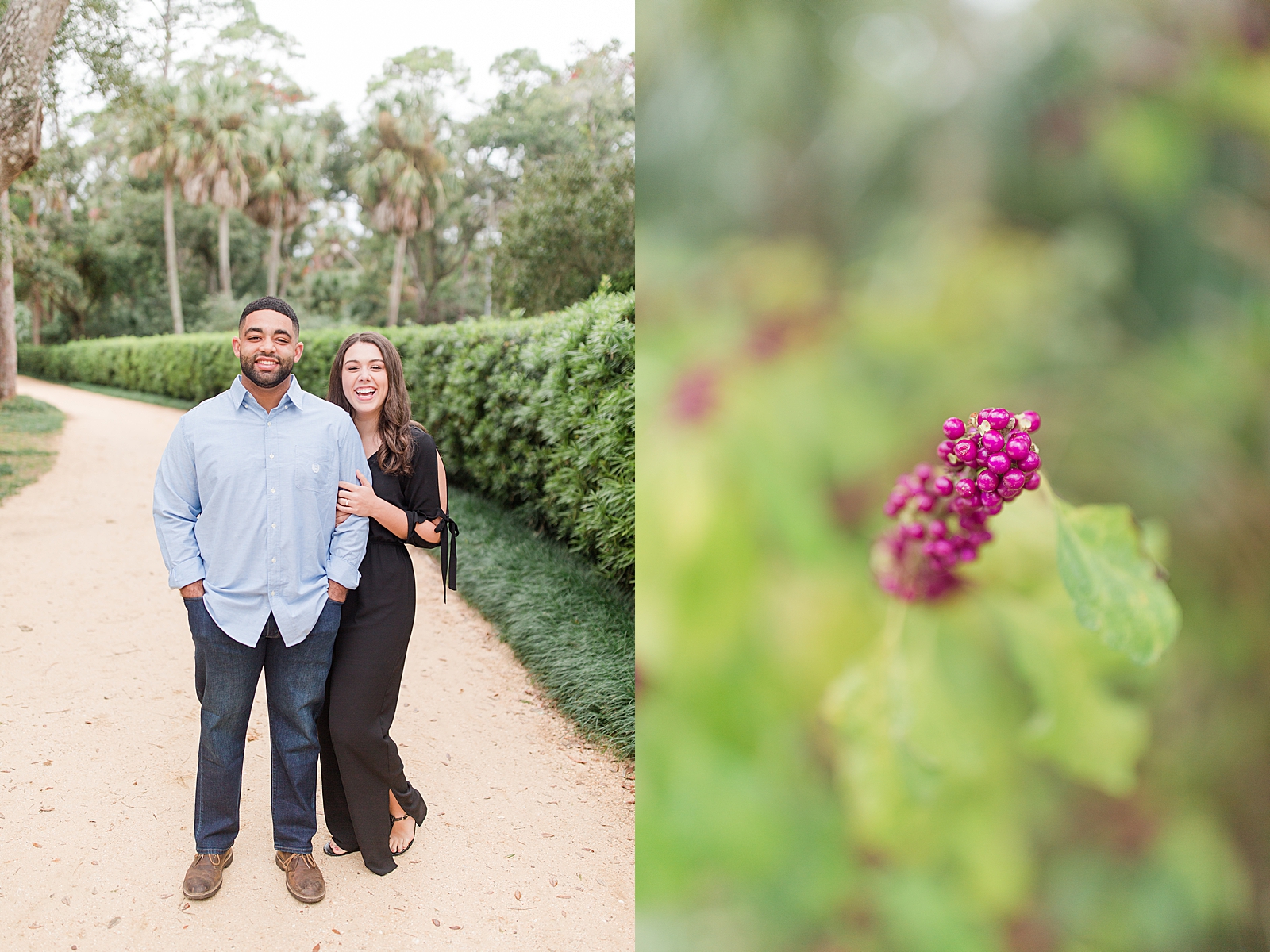 St. Augustine Engagement Couple smiling at the camera and purple plant detail Photos