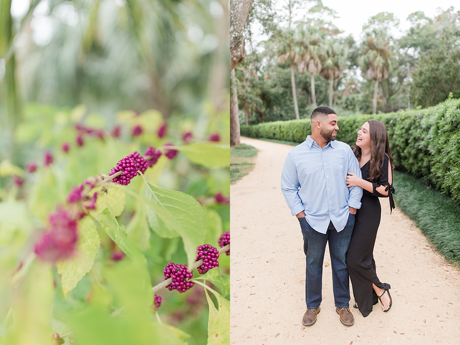 St. Augustine Engagement Greenery detail and Nick and Chloe smiling at each other Photos