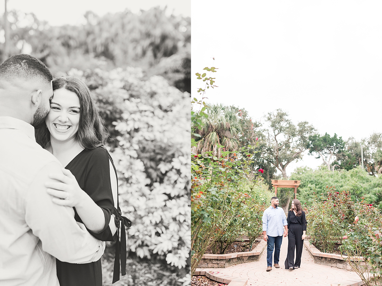 St. Augustine Engagement Black and White Chloe smiling over Nick's Shoulder and Couple walking holding hands in Rose Garden Photos