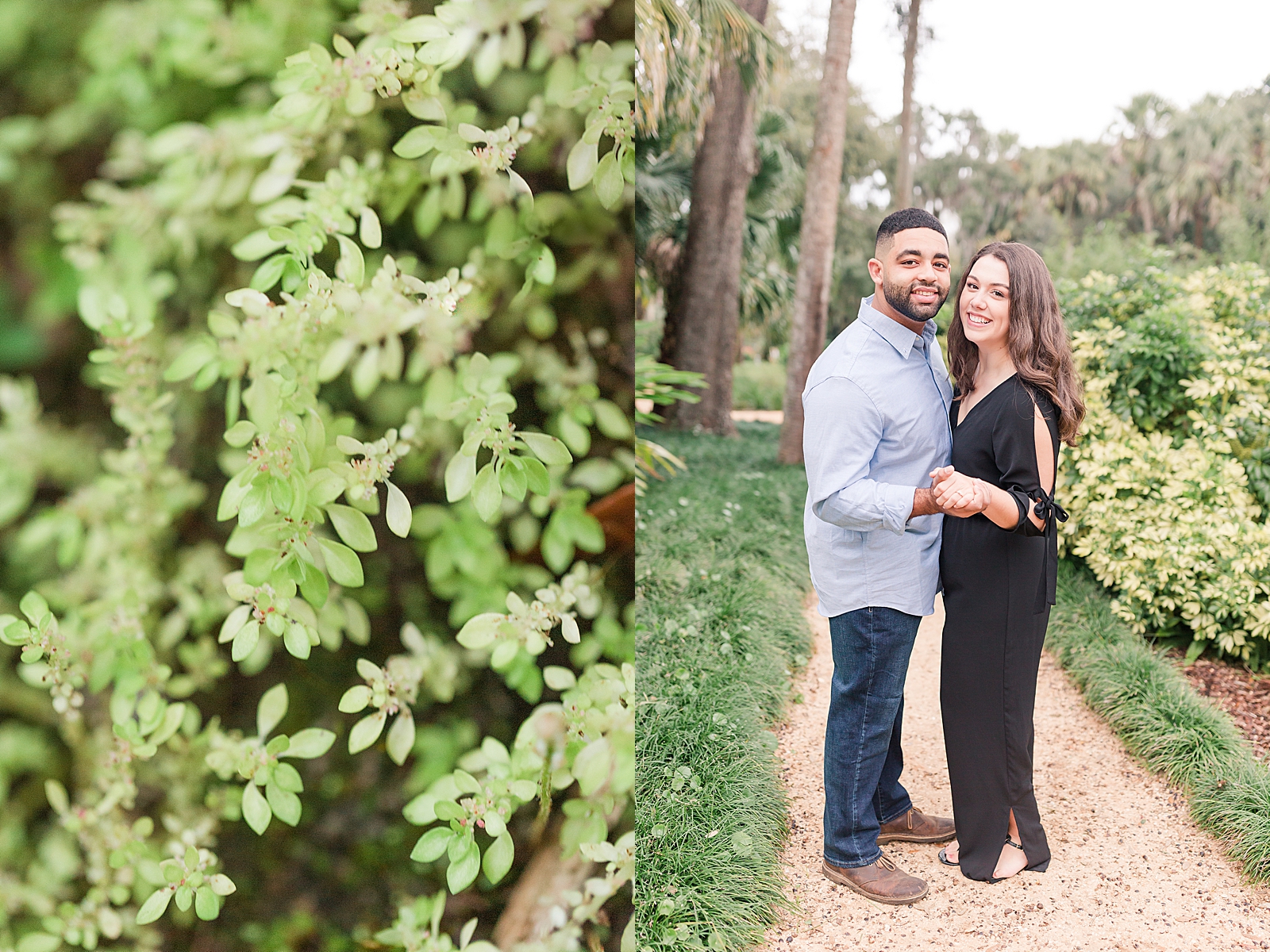 St. Augustine Engagement Detail of plant and couple smiling at camera Photos