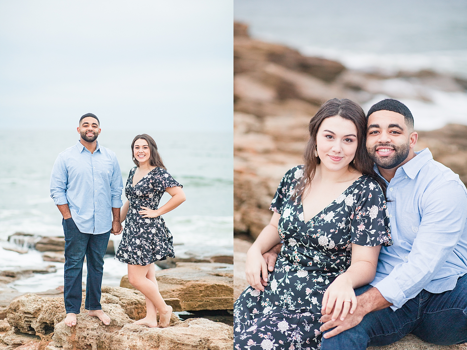 St. Augustine Engagement Couple smiling at the camera and couple sitting smiling at the camera on rocks at the beach Photos