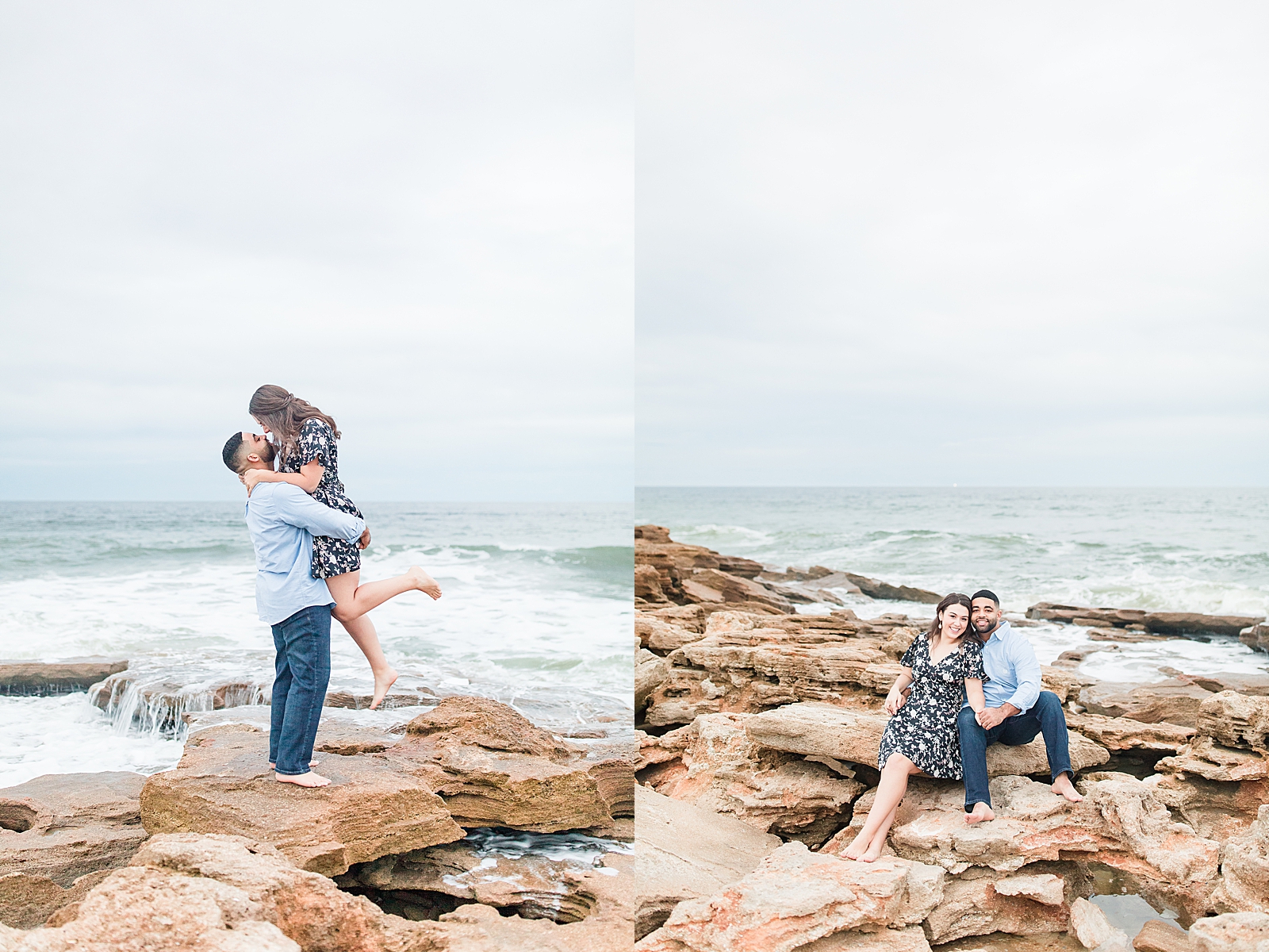 St. Augustine Engagement Nick Picking up Chloe and Couple sitting on Rocks Photos