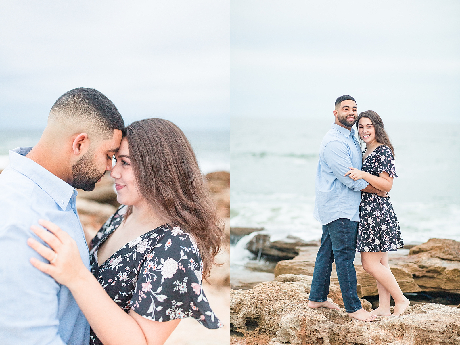 St. Augustine Engagement Couple nose to nose and smiling at camera on Rocks at the beach Photos