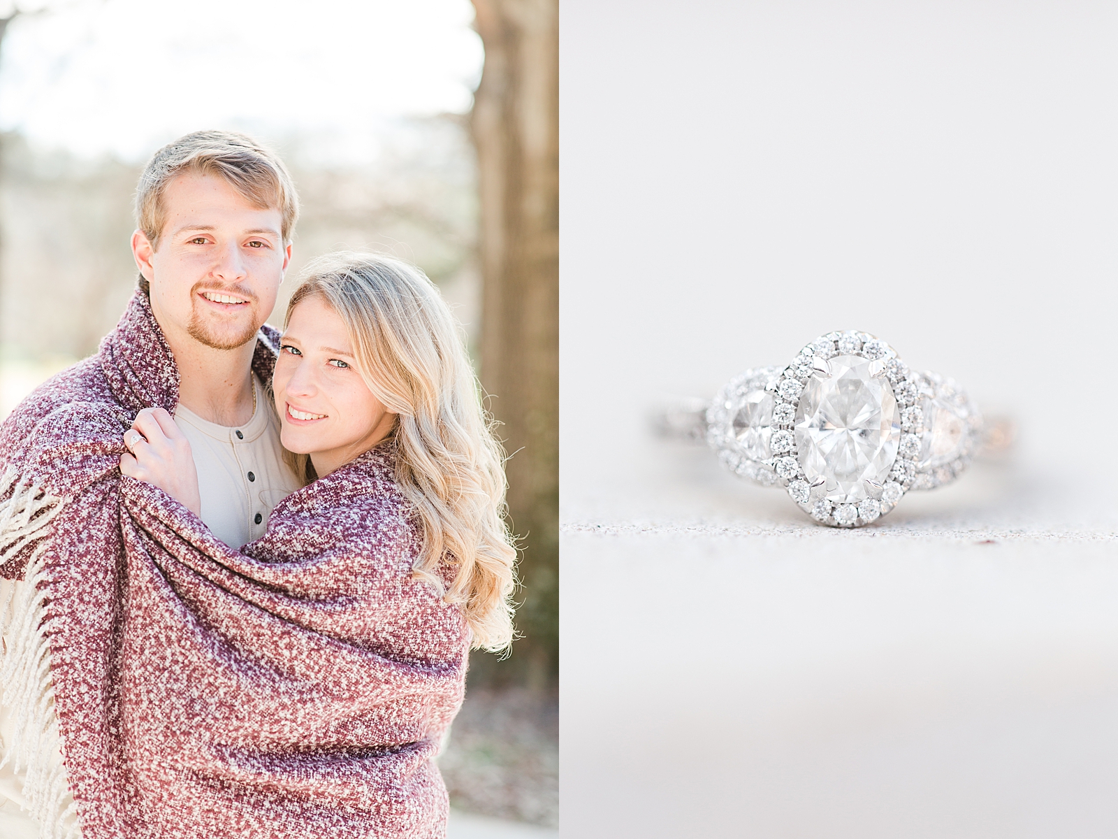 Winston-Salem Engagement Session Chris and Katie snuggling in a blanket smiling at the camera and detail of ring Photos