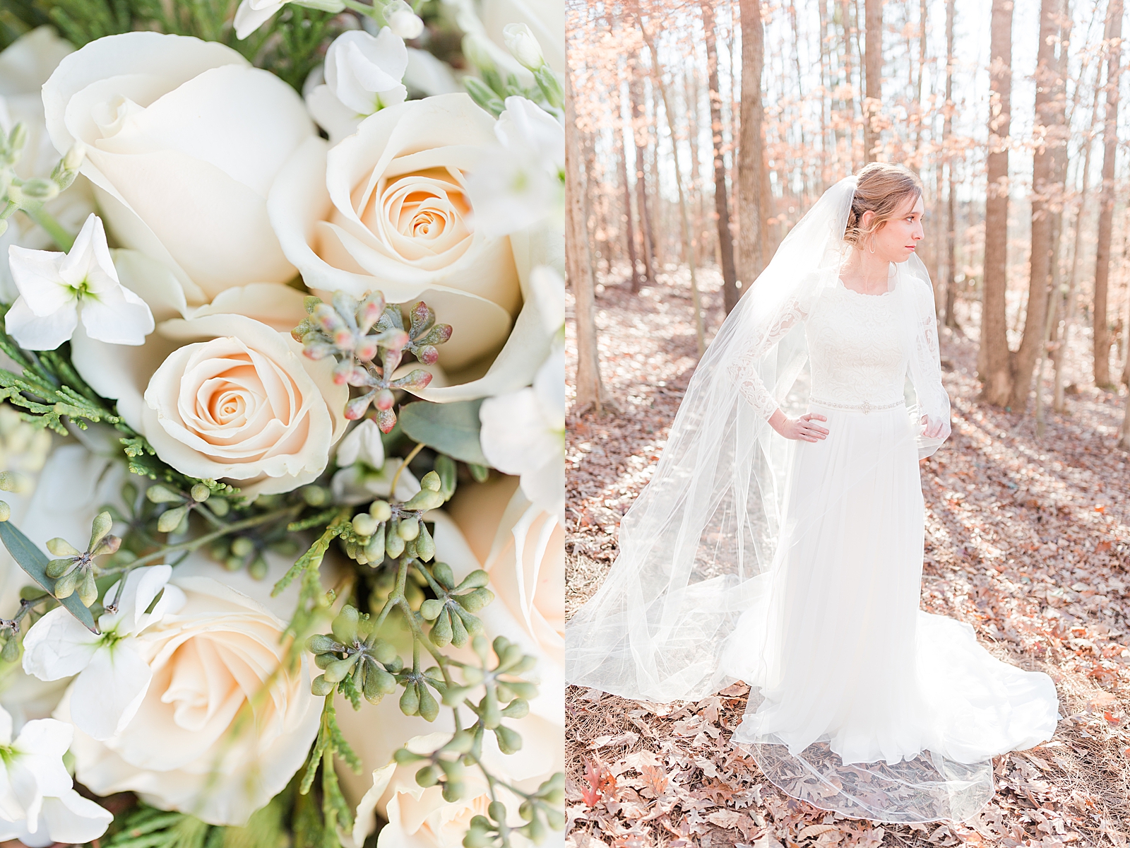Charlotte Bridal Session Bouquet detail and Annabel looking off in the woods Photos