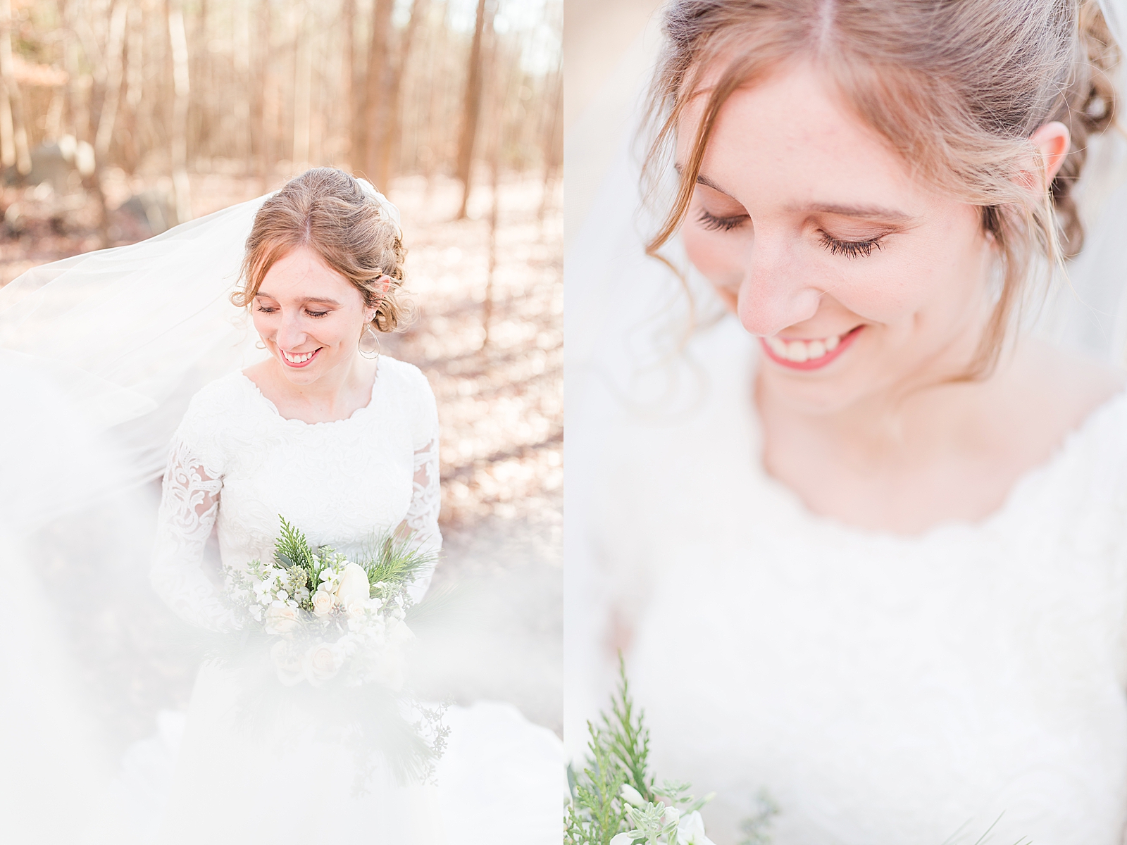Charlotte Bridal Session Bride smiling down over her shoulder with veil sweeping in front Photos