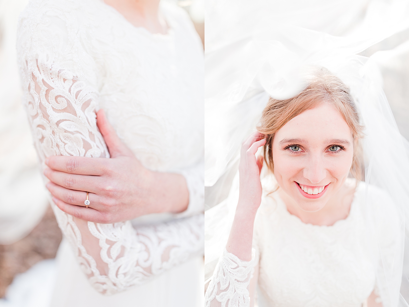 Charlotte Bridal Session Detail of ring and brides sleeve and bride smiling at the camera with veil over head Photos