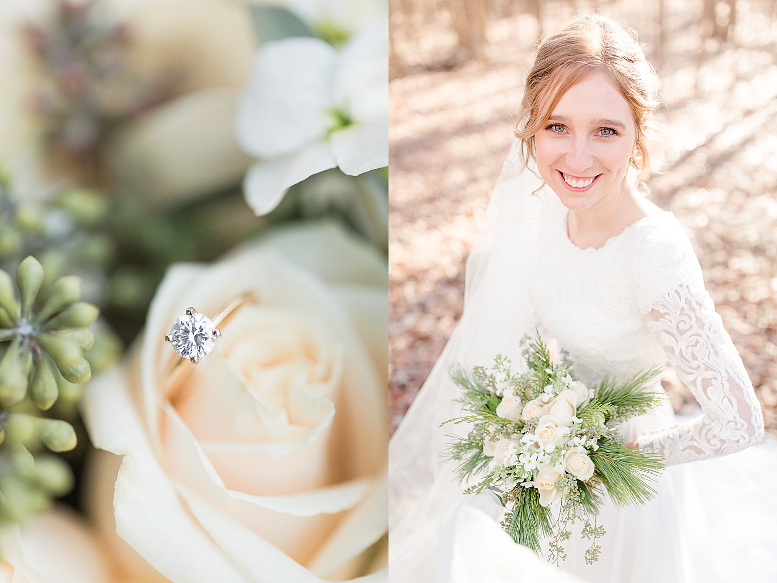 Charlotte Bridal Session engagement ring detail in a white rose and bride smiling at camera Photos