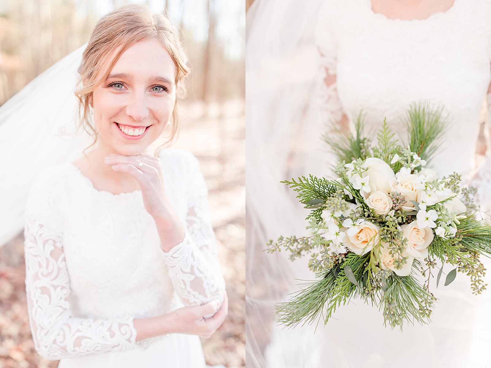 Charlotte Bridal Session Annabel smiling at camera and detail of bouquet Photo