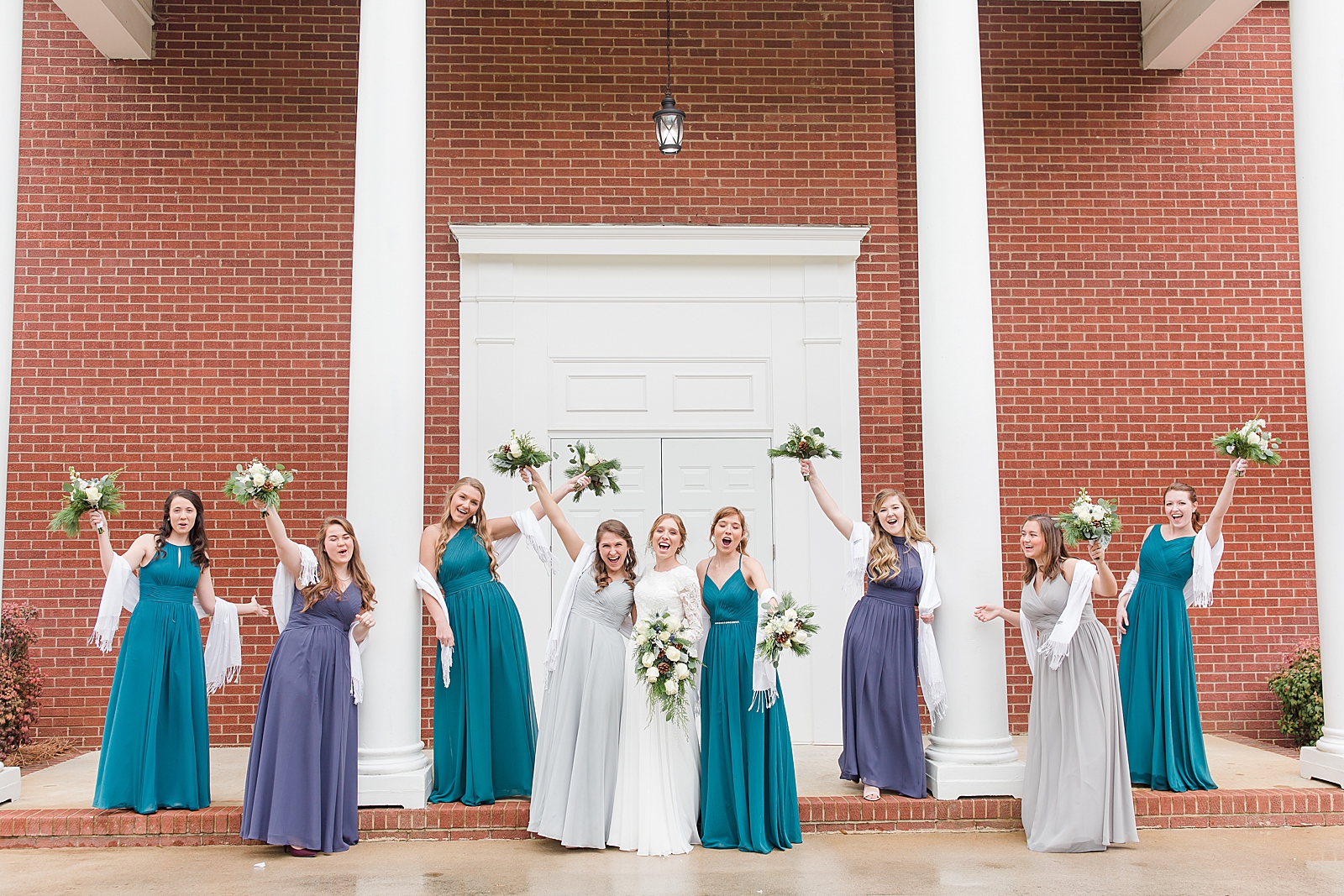 Charlotte Wedding Bride and Bridesmaids cheering on church steps Photo