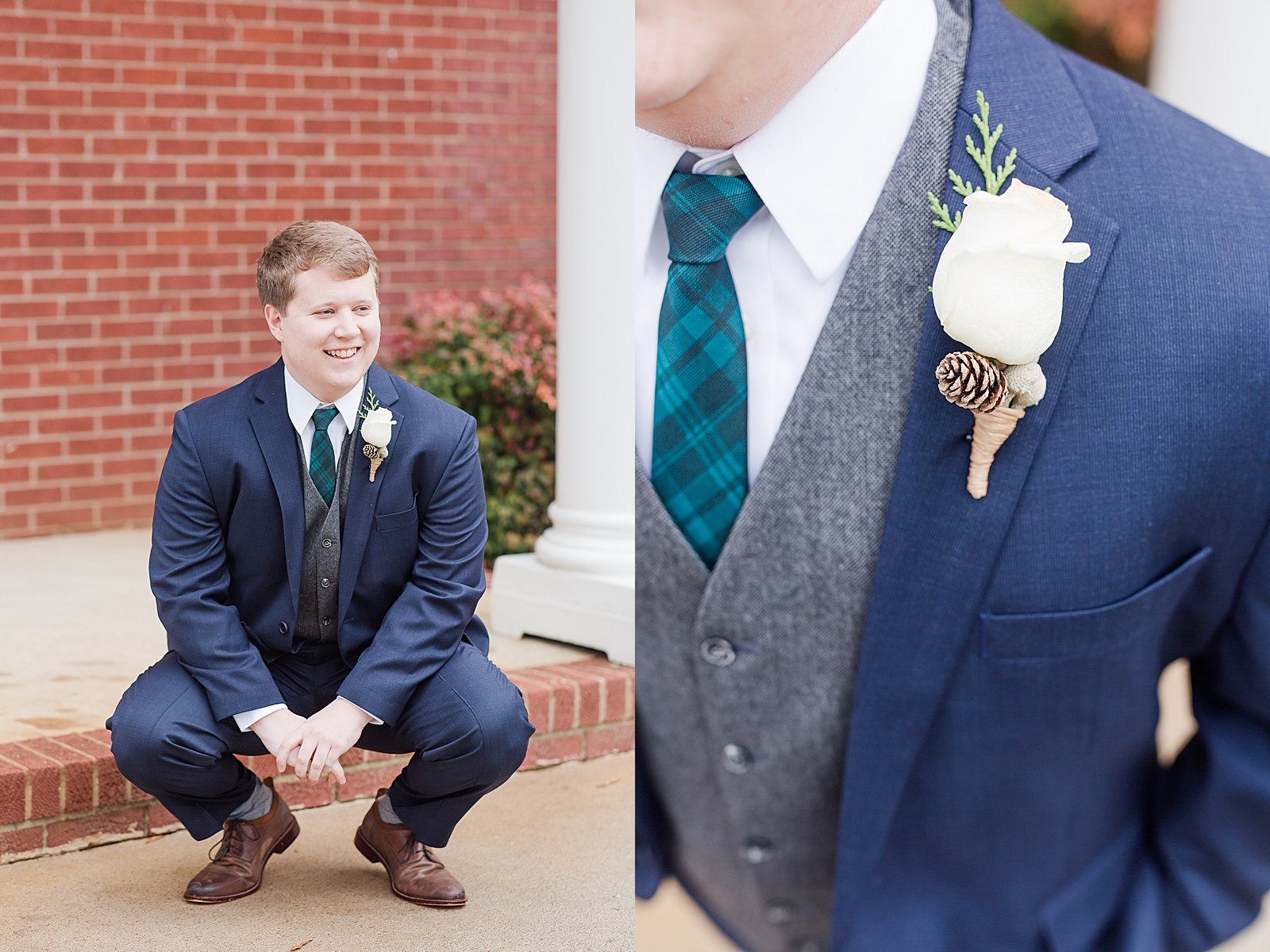 Charlotte Wedding Groom smiling off to the side and detail of Grooms Boutonnière Photos