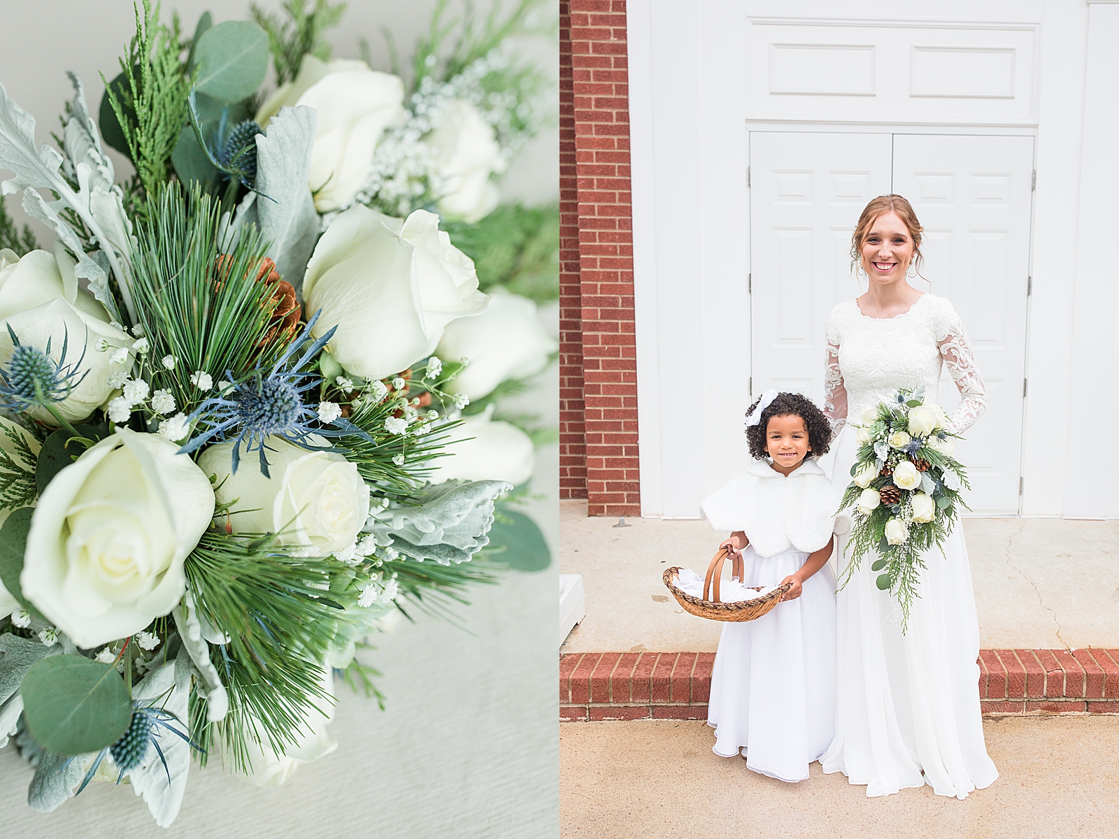 Charlotte Wedding Detail of Brides Bouquet and Bride with Flower Girl Photos