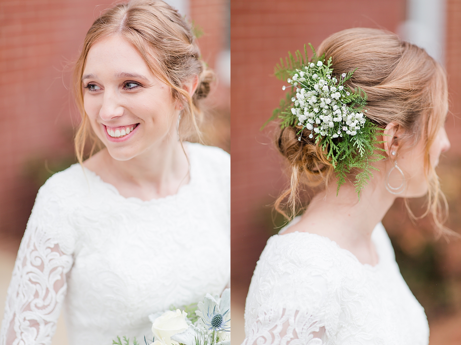 Charlotte Wedding Bride smiling over her shoulder and detail of hair piece Photos