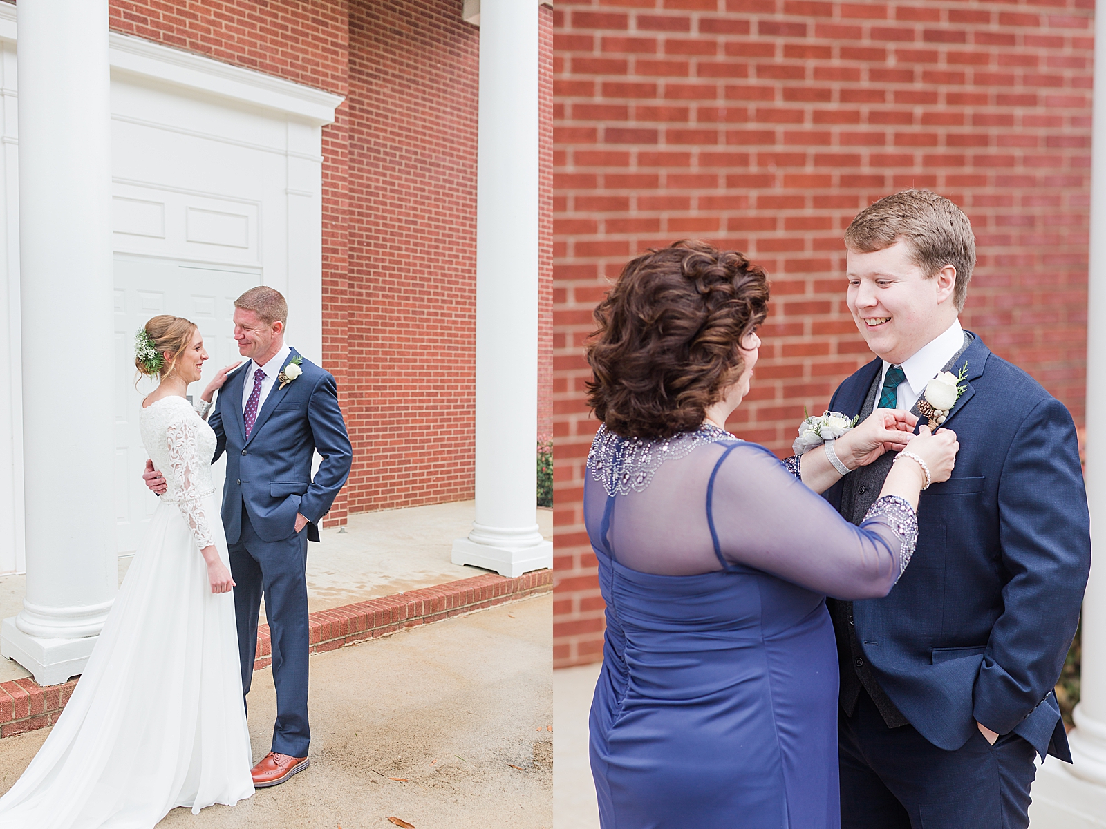 Charlotte Wedding Bride with her dad and Groom with his mom pinning on his boutonnière Photos