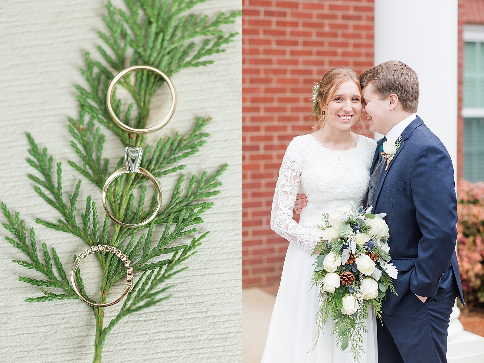 Charlotte Wedding Detail of Rings on greenery and Groom nuzzling Bride smiling at the camera Photos