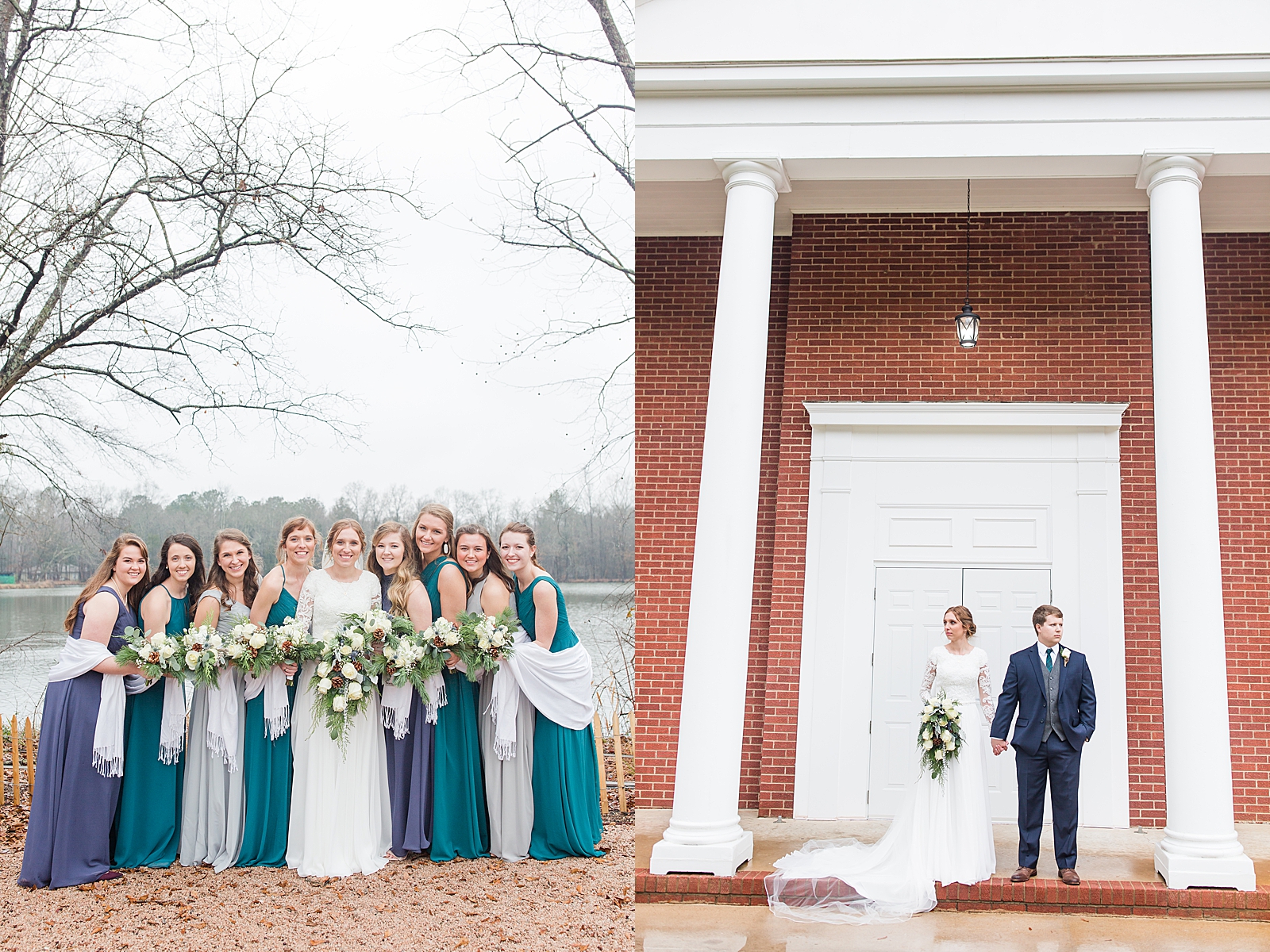 Charlotte Wedding Bride with Bridesmaids at Riverwood Manor Venue and Bride and Groom in front of church looking opposite directions Photos