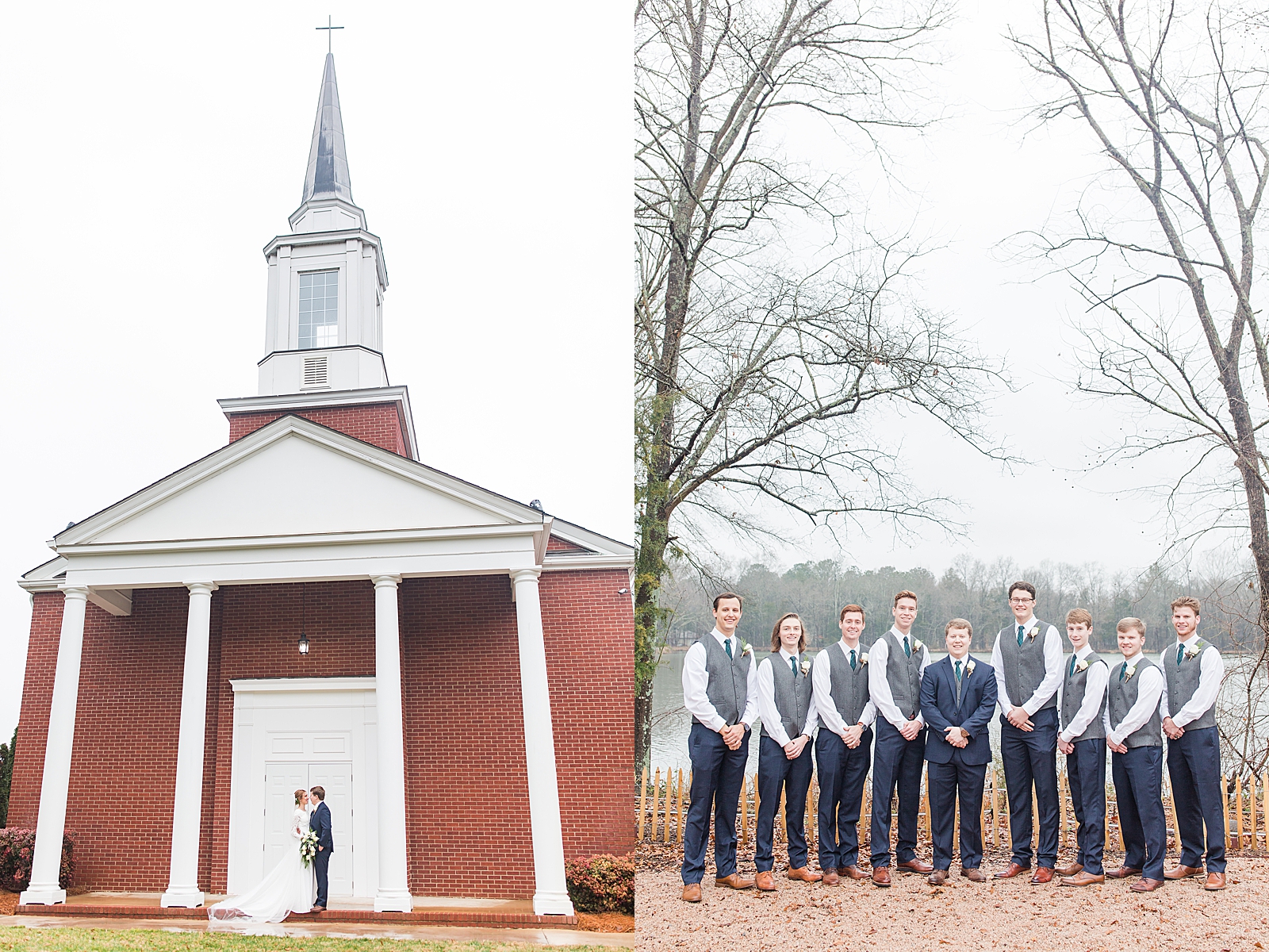 Charlotte Wedding Bride and Groom smiling at each other in front of church and Groom with Groomsmen at Riverwood Manor Venue Photos