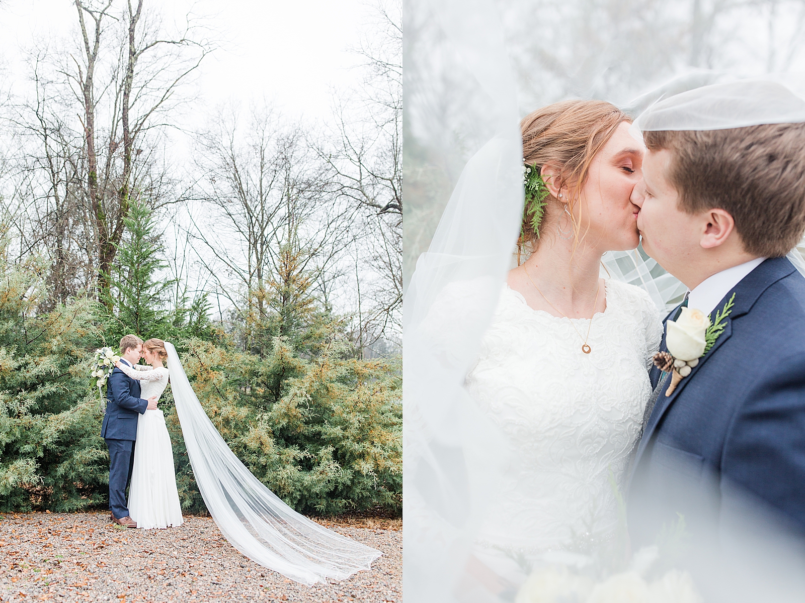 Charlotte Wedding Bride and Groom nose to nose in front of evergreens and bride and Groom kissing under veil Photos