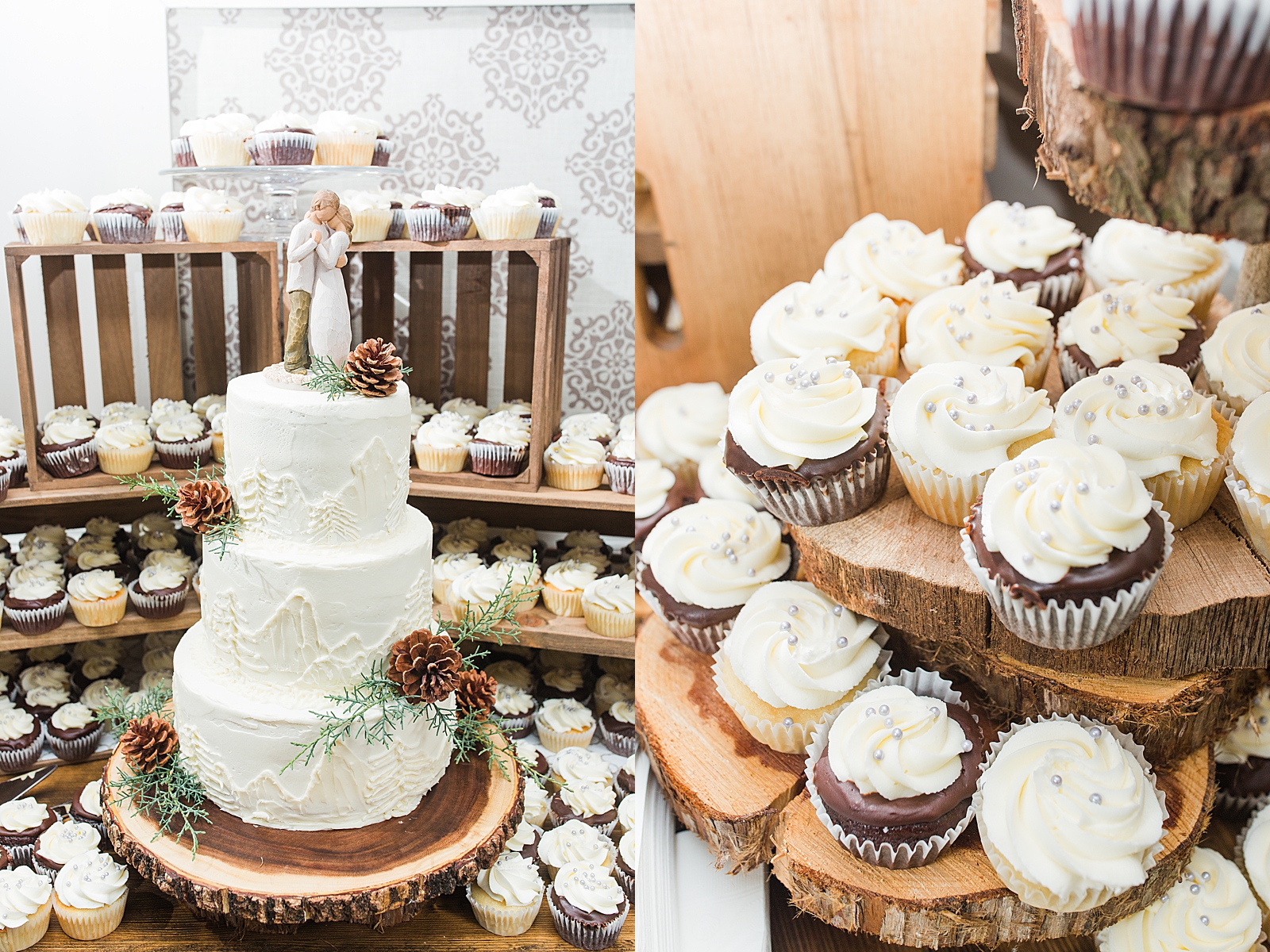 Charlotte Wedding Reception Cake Table with Cake and Cupcakes Photos