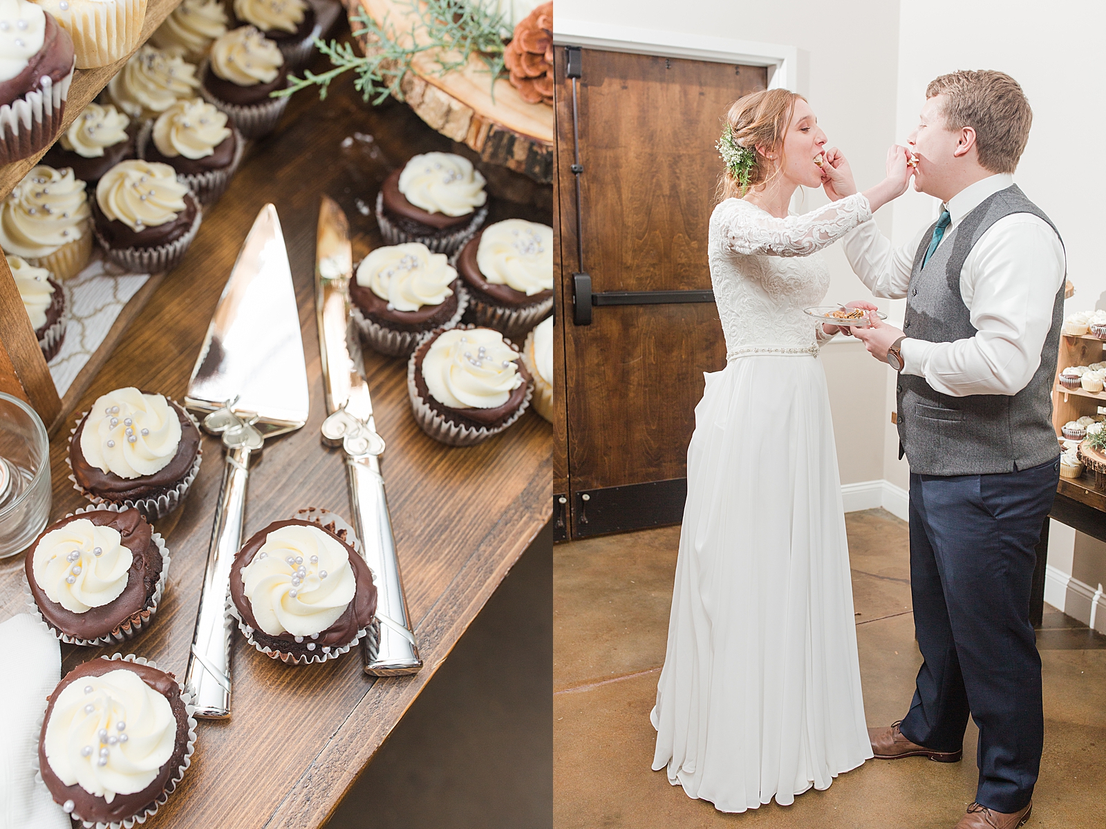 Charlotte Wedding Reception Cupcakes with cutting utensils and Bride and Groom Feeding Each other Cake Photos