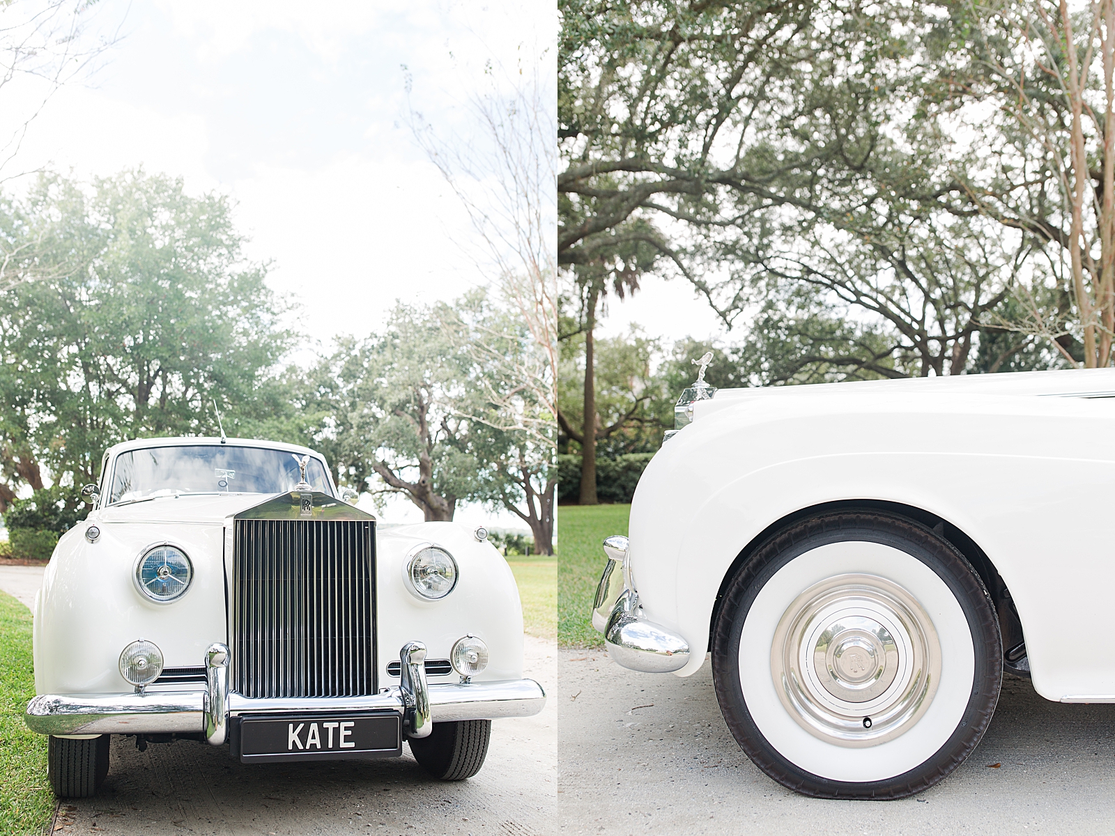 Lowndes Grove Wedding Details of a 1959 Rolls-Royce white classic car Photos