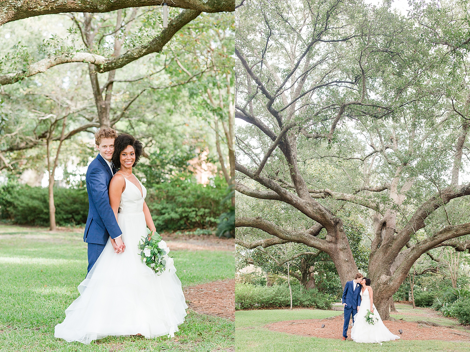 Lowndes Grove Wedding Bride and Groom smiling at camera under huge living oaks Photos