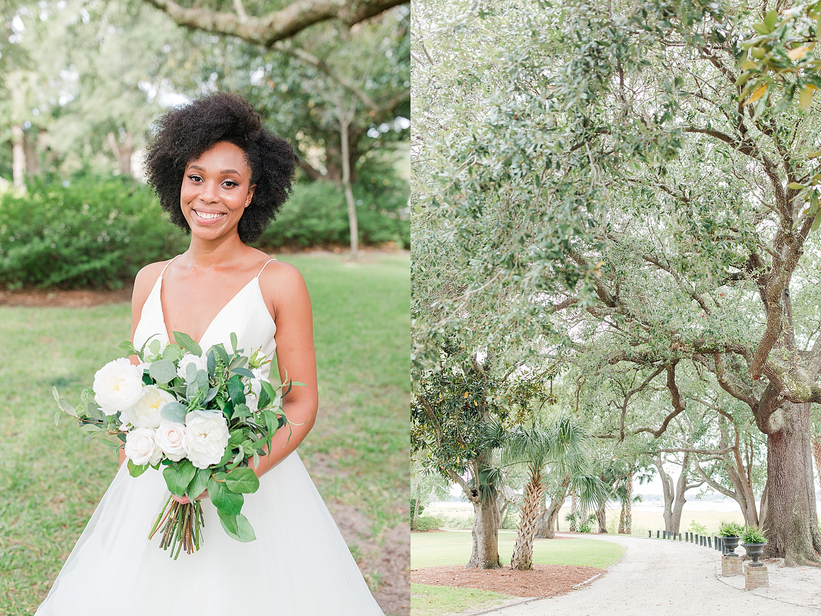 Lowndes Grove Wedding Bride smiling at the camera holding her bouquet and road with live oak trees Photos
