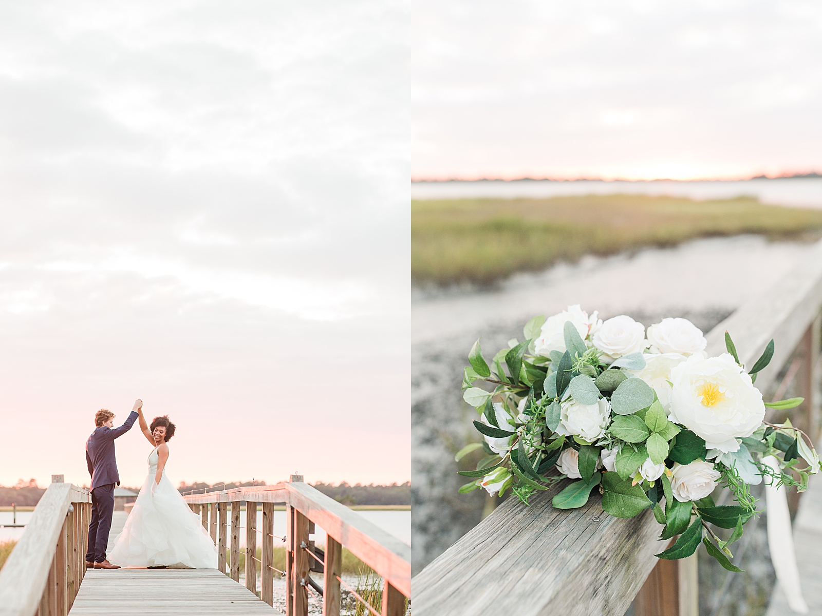 Lowndes Grove Wedding Groom Twirling Bride on dock of the Ashley River and Detail of Bouquet Photos