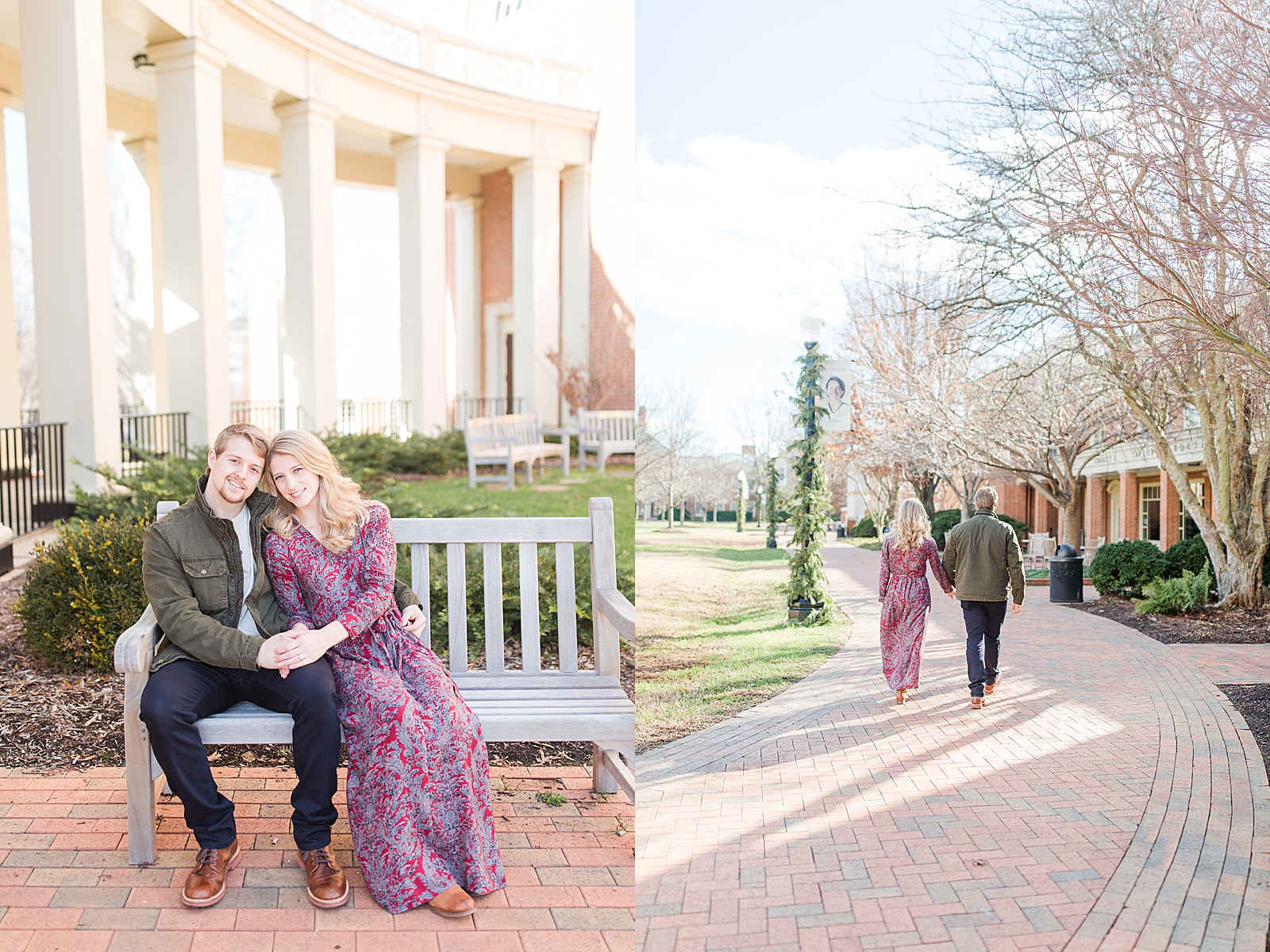 Winston-Salem Engagement Session couple sitting on bench smiling at camera and couple walking down path Photos